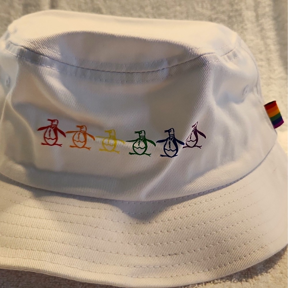 Original Penguin White Bucke Hat OSFM Cotton Rainbow Embroidered Logo